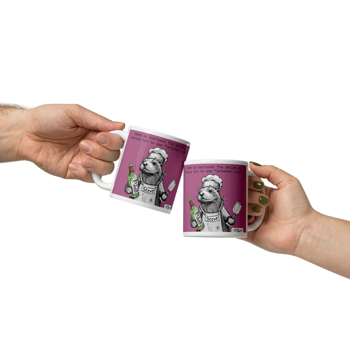 Two Leftover Wine mugs being passed between hands