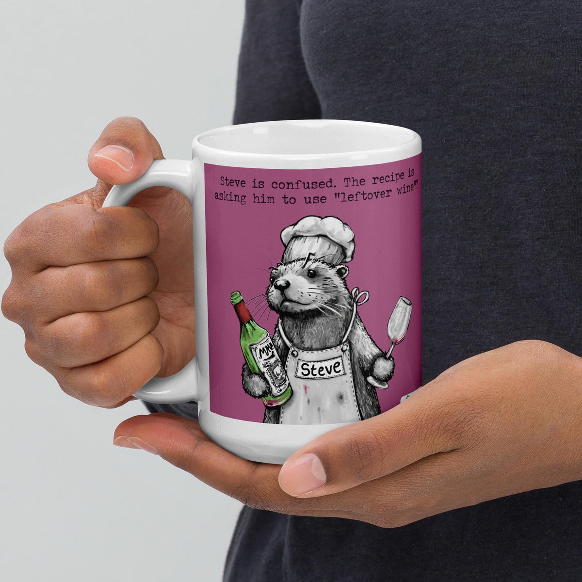 Holding the Leftover Wine mug by the handle