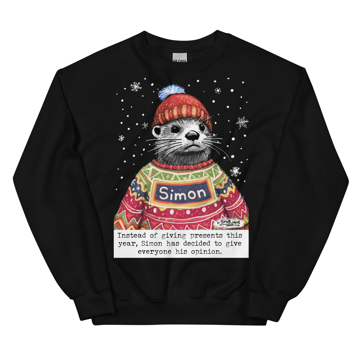 Custom Christmas Opinions jumper in Black, made with the name Simon