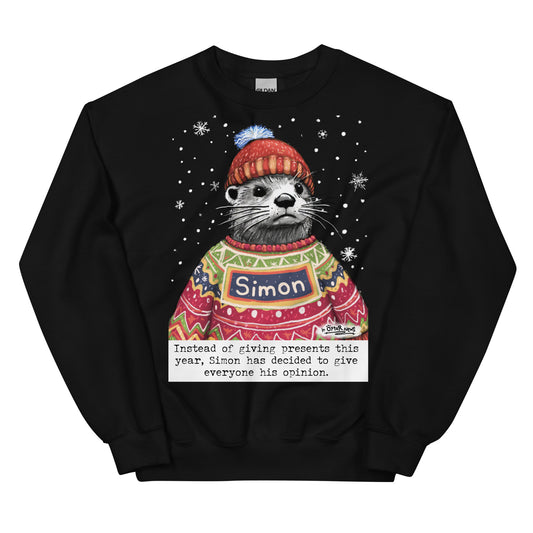 Custom Christmas Opinions jumper in Black, made with the name Simon