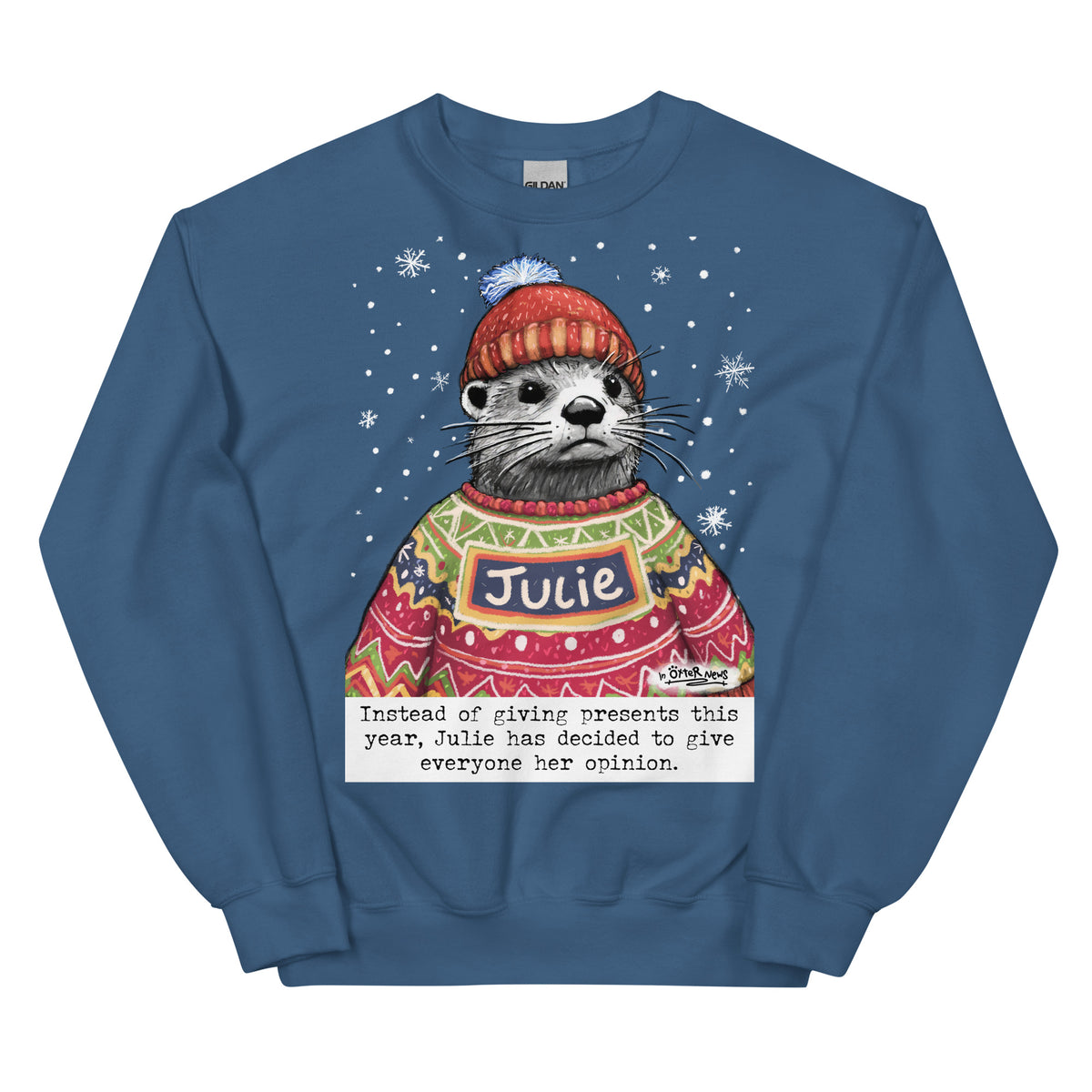 Custom Christmas Opinions jumper in Indigo Blue, made with the name Julie