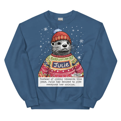 Custom Christmas Opinions jumper in Indigo Blue, made with the name Julie