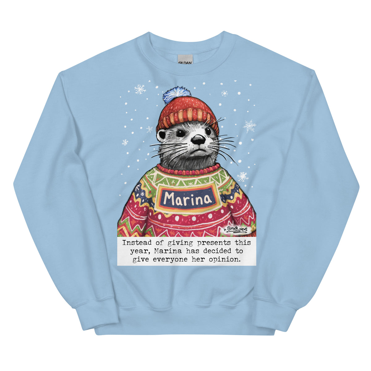 Custom Christmas Opinions jumper in Light Blue, made with the name Marina