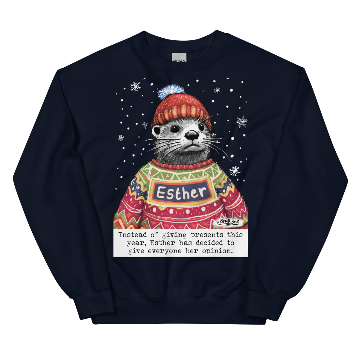 Custom Christmas Opinions jumper in Navy, made with the name Esther