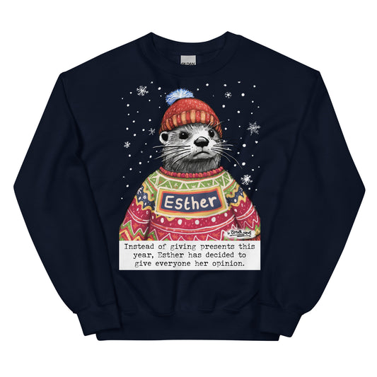 Custom Christmas Opinions jumper in Navy, made with the name Esther