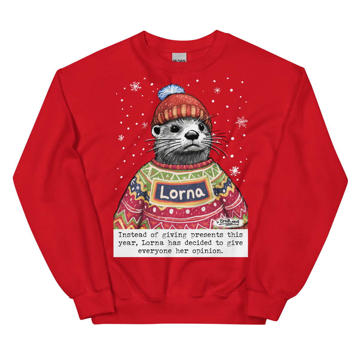 Custom Christmas Opinions jumper in Red, made with the name Lorna