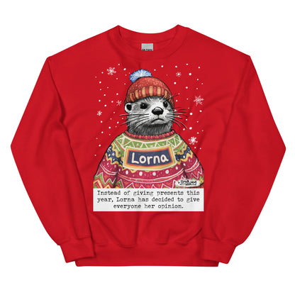 Custom Christmas Opinions jumper in Red, made with the name Lorna