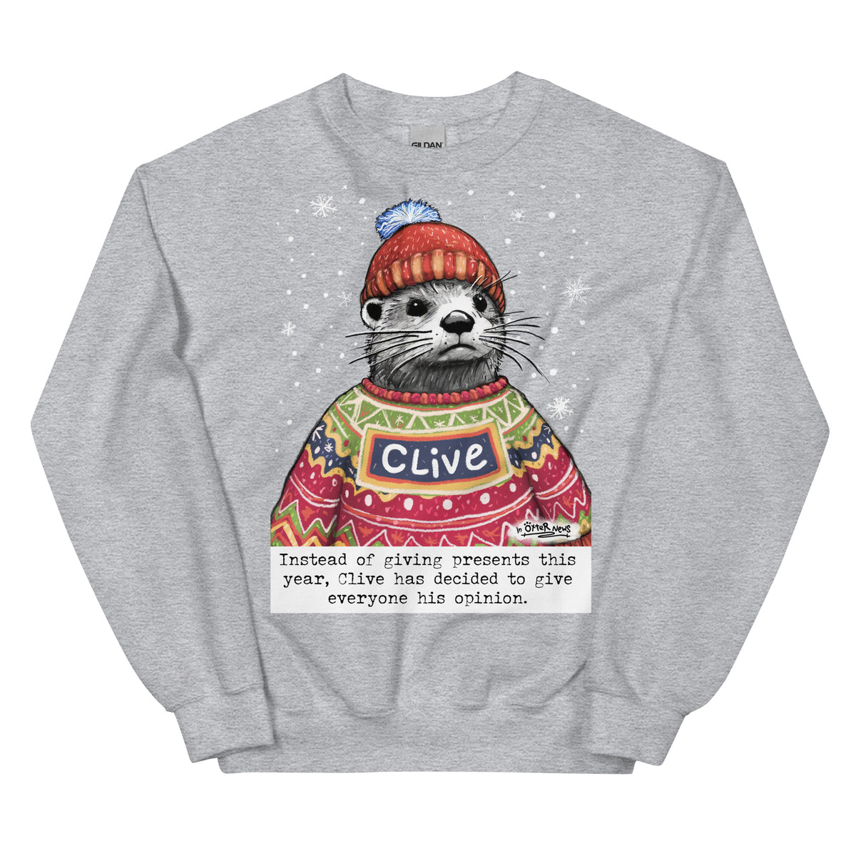 Custom Christmas Opinions jumper in Sport Grey, made with the name Clive