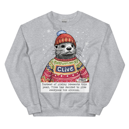 Custom Christmas Opinions jumper in Sport Grey, made with the name Clive