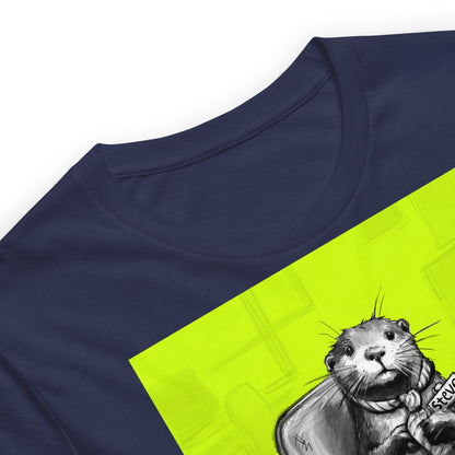 Close up of the Under Pressure Steve otter t-shirt in Navy