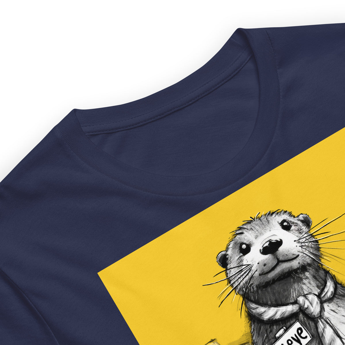 Close up of the Doing Nothing Steve otter t-shirt in Navy