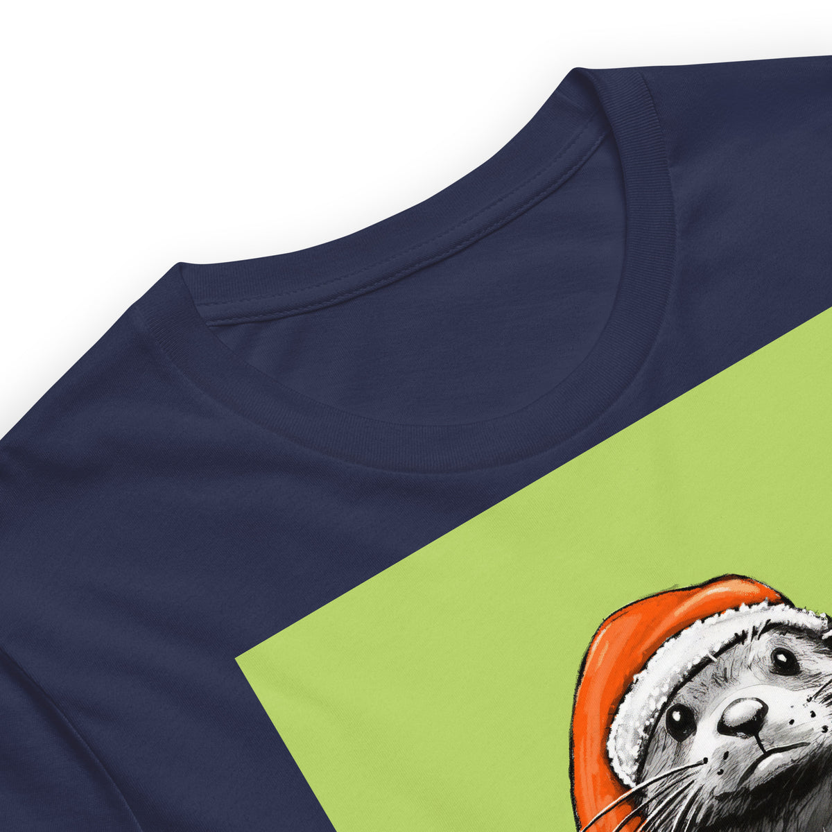 Close up of the Ready For Christmas Steve otter t-shirt in Navy