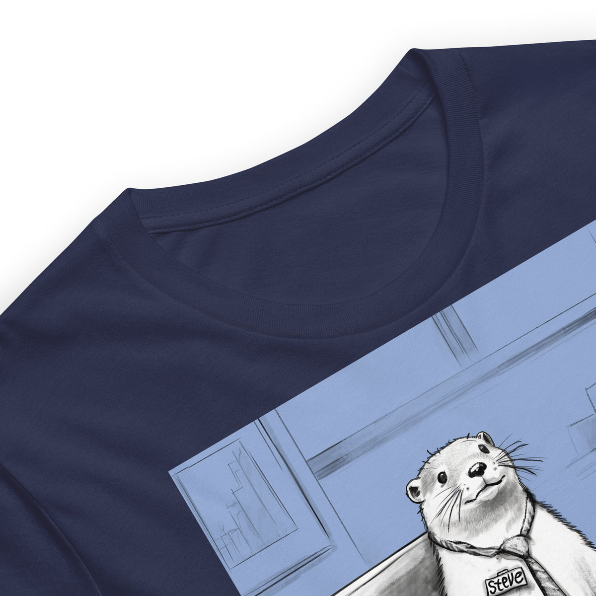 Close up of the Quiet, Steve Is Working otter t-shirt in Navy