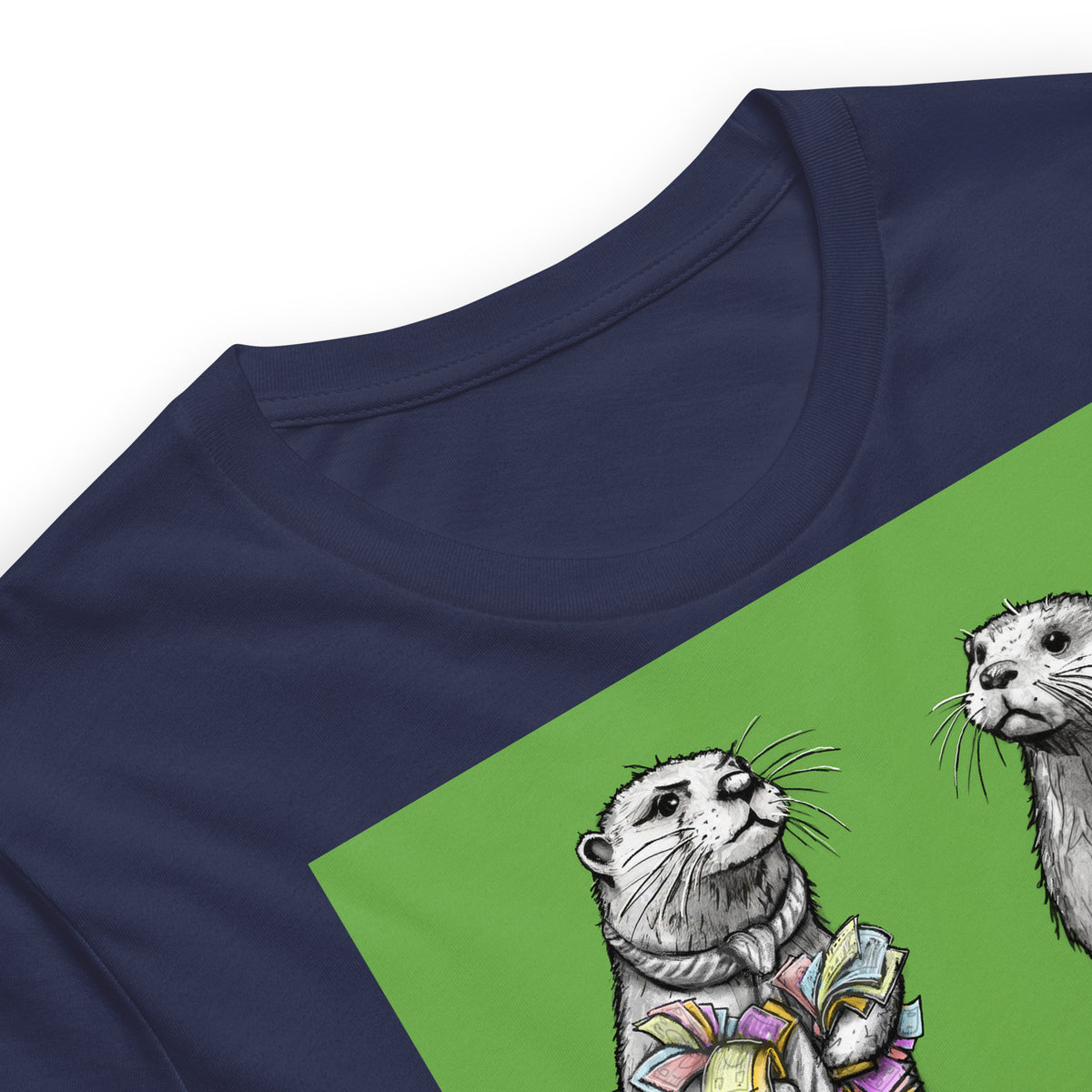 Close up of the Monopoly Steve otter t-shirt in Navy