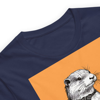 Close up of the Confusion Clock Steve otter t-shirt in Navy