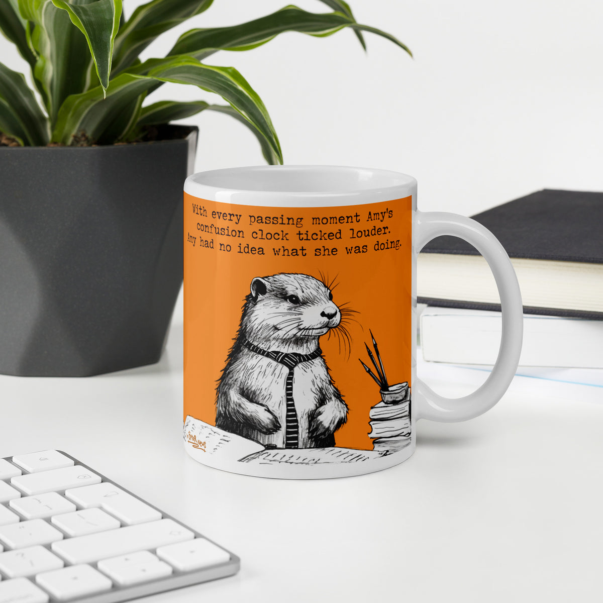 Custom name otter mug, Confusion Clock, made with the name Amy in place of Steve