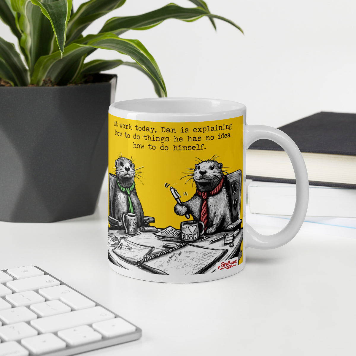 Custom name otter mug, Steve Explains, made with the name Dan in place of Steve