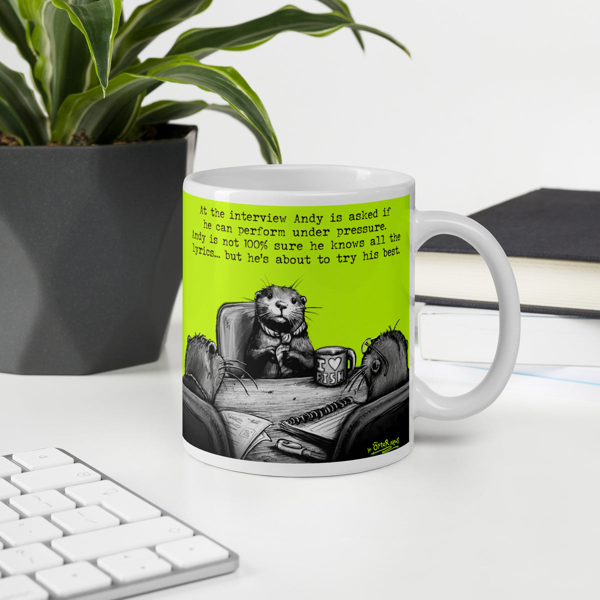 Custom name otter mug, Under Pressure, made with the name Andy in place of Steve