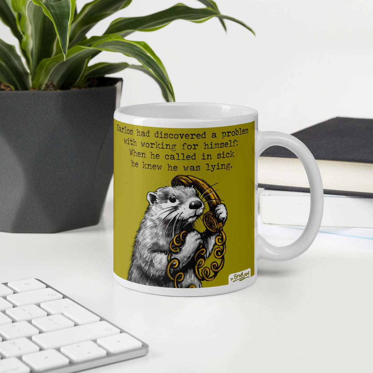 Custom name otter mug, Working From Home, made with the name Karlos in place of Steve